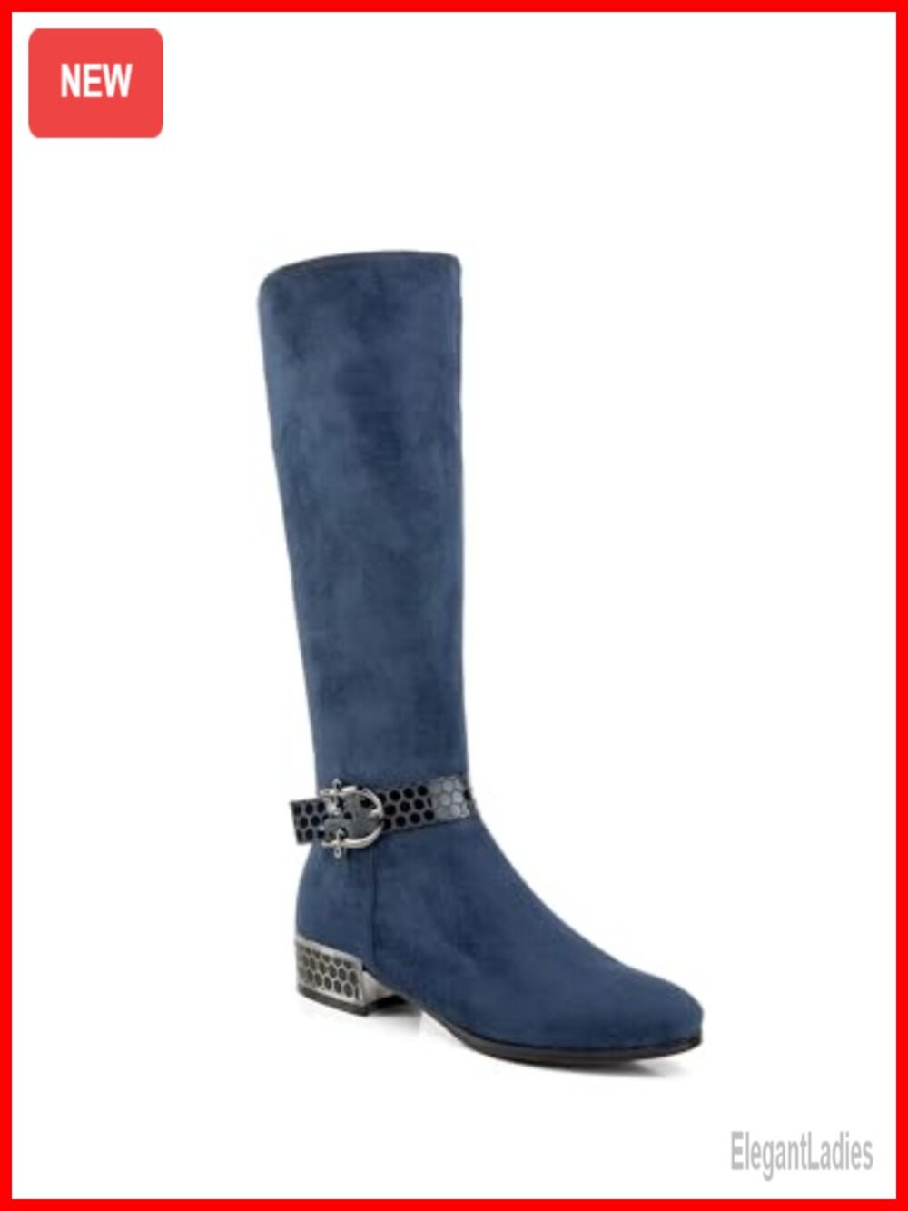 Faux Suede Knee-High Boots Stacked Heel Beehive Straps